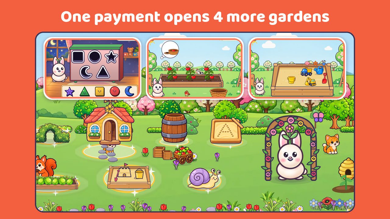 The Orchard garden with a shape house, a vegetable patch and a sandpit game above it