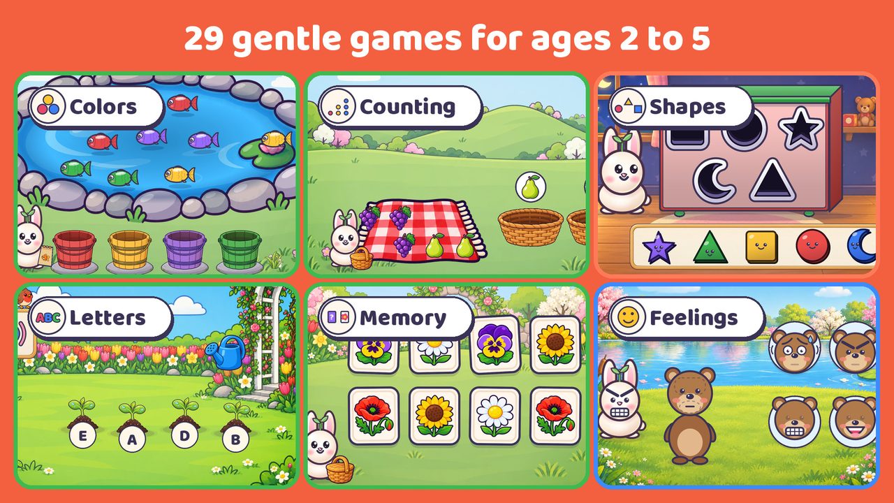 Six of the games, each labelled with what it practises: colors, counting, shapes, letters, memory and feelings
